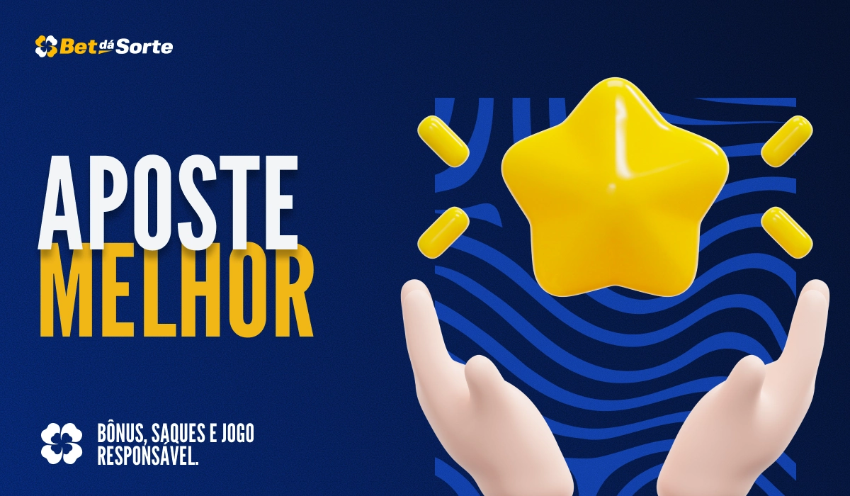 Banner Aposte Melhor com estrela amarela entre mãos 3D, fundo azul e linhas gráficas amarelas