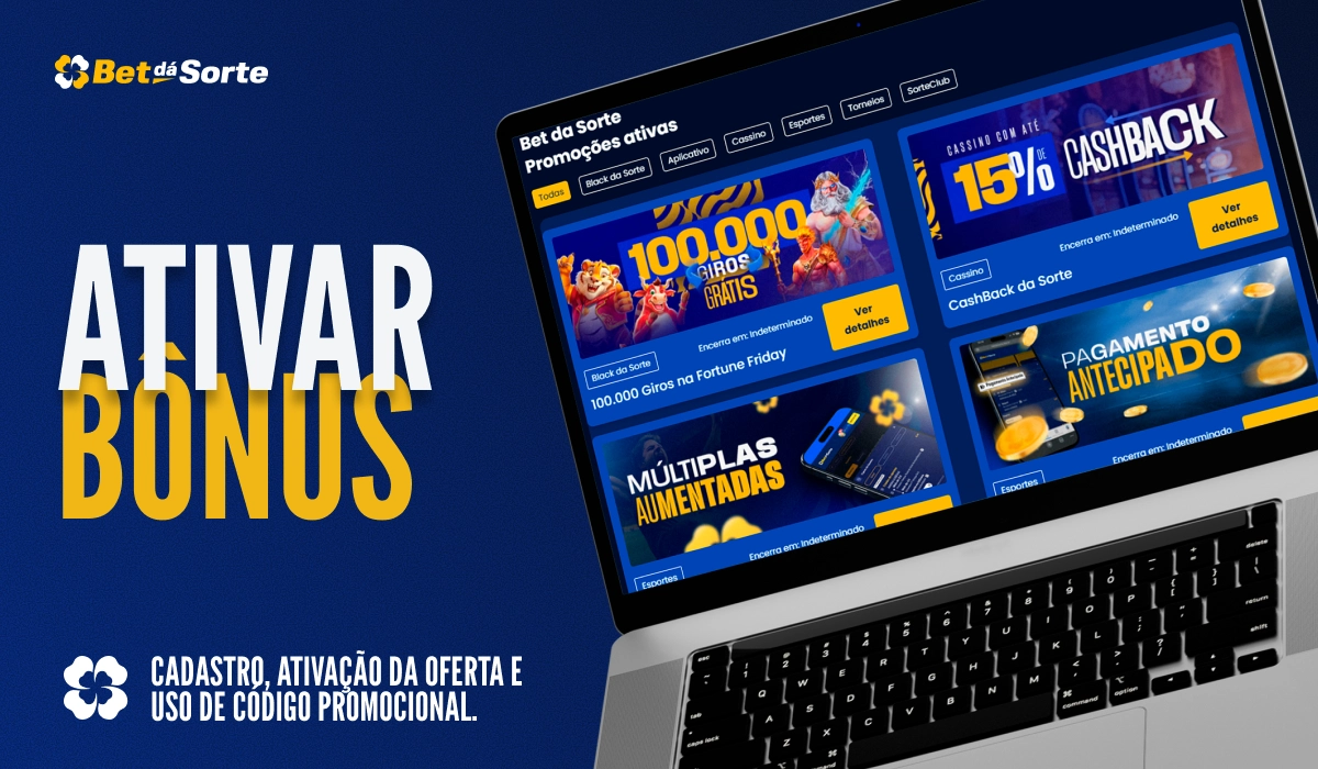 Banner Ativar Bônus com notebook mostrando página promocional BetDaSorte, fundo azul e elementos amarelos