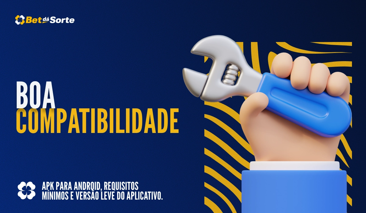Banner Boa Compatibilidade com mão segurando chave inglesa 3D, fundo azul e padrões gráficos amarelos