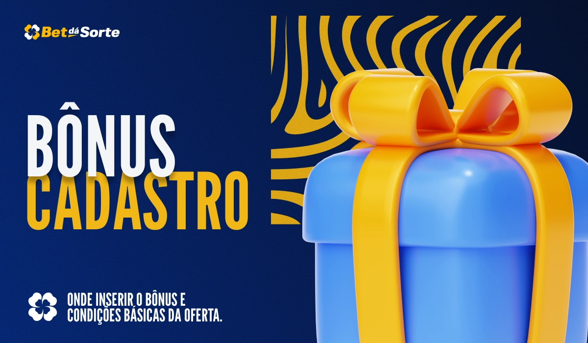Banner Bônus Cadastro com caixa de presente azul e laço amarelo em estilo 3D sobre fundo azul