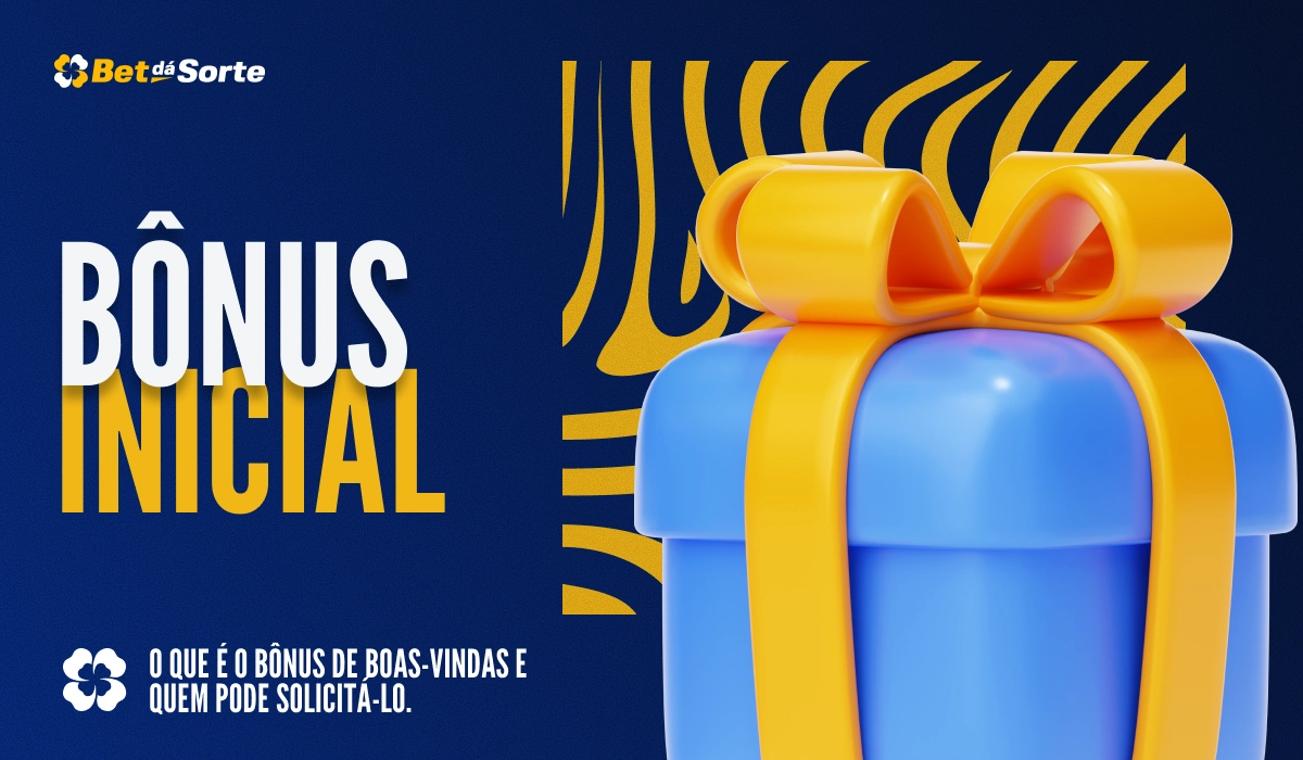 Banner Bônus Inicial com caixa de presente azul e laço amarelo em estilo 3D sobre fundo azul