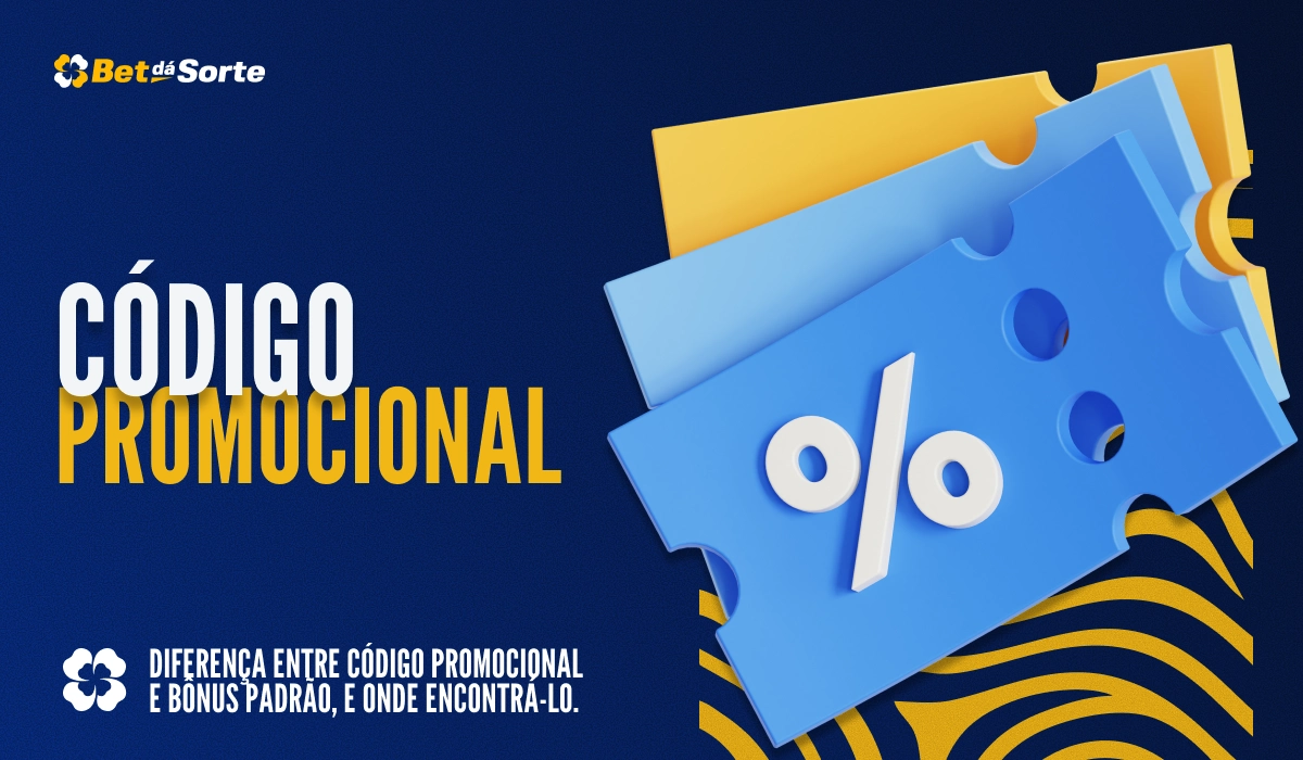Banner Código Promocional com bilhetes azuis e amarelos e símbolo de porcentagem sobre fundo azul gráfico