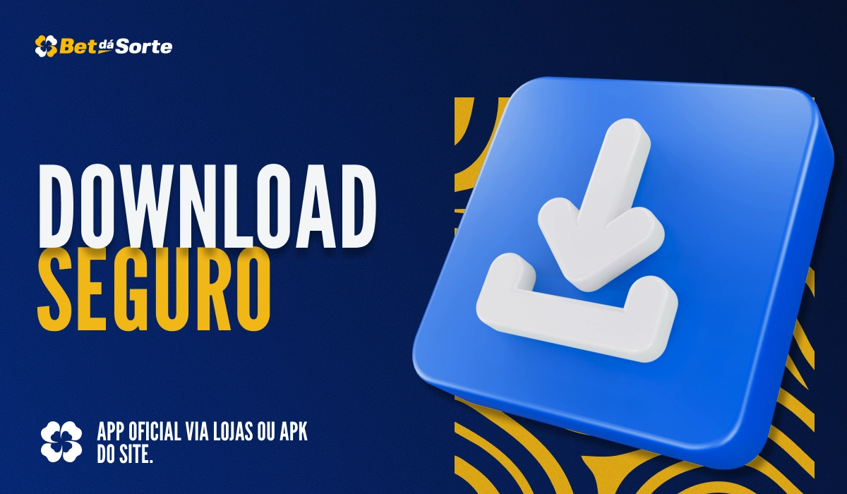 Banner Download Seguro com ícone azul de seta para baixo, fundo azul escuro e elementos visuais amarelos