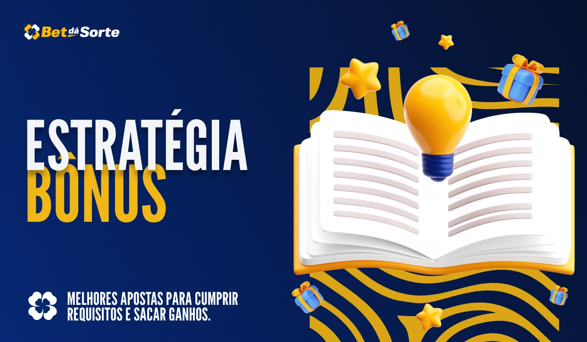 Banner Estratégia Bônus com livro aberto e lâmpada 3D, fundo azul e detalhes gráficos amarelos