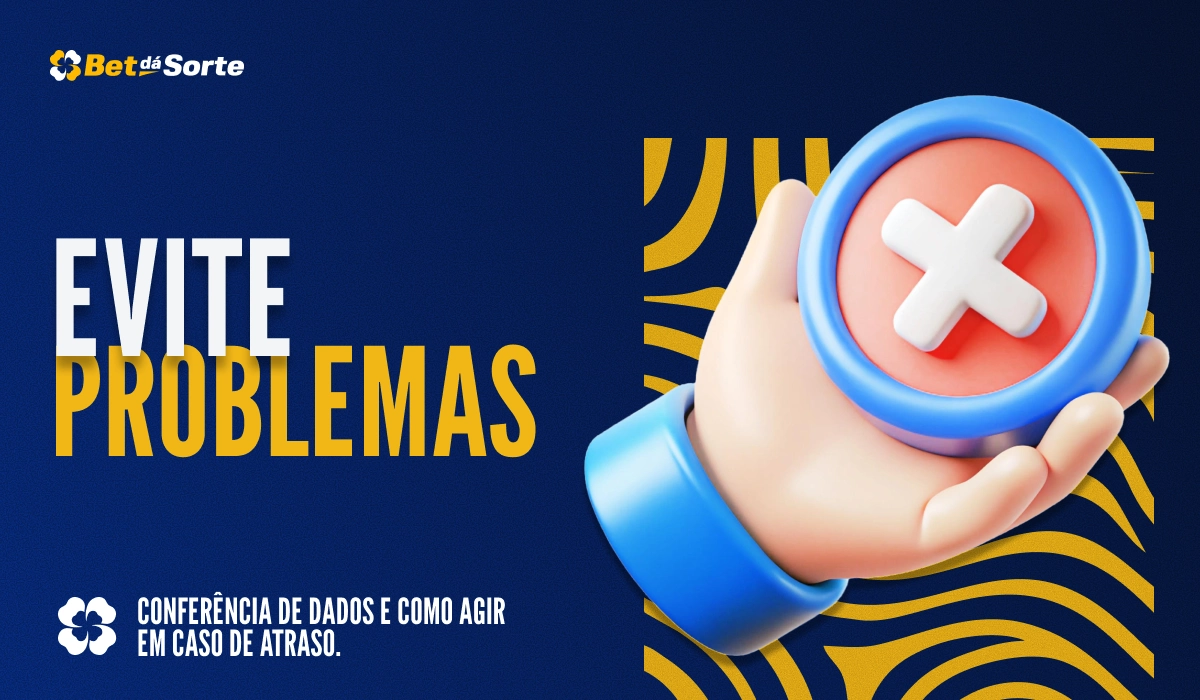 Banner Evite Problemas com mão 3D segurando ícone de erro com X vermelho, fundo azul gráfico