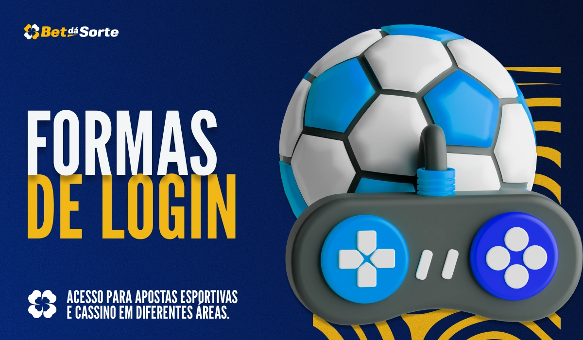 Banner Formas de Login com bola de futebol e controle de videogame em estilo 3D sobre fundo azul