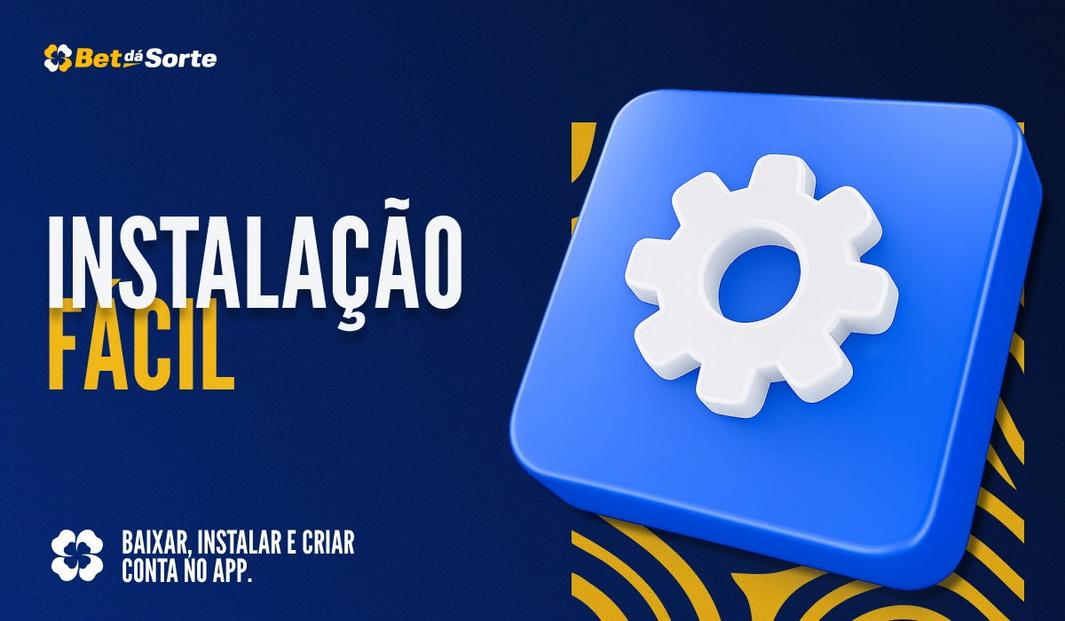 Banner Instalação Fácil com ícone de engrenagem branca em botão azul, fundo azul e gráficos amarelos