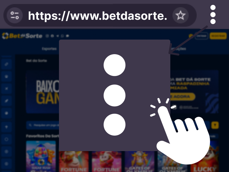 Abertura do menu do navegador para mais opções no BetDaSorte
