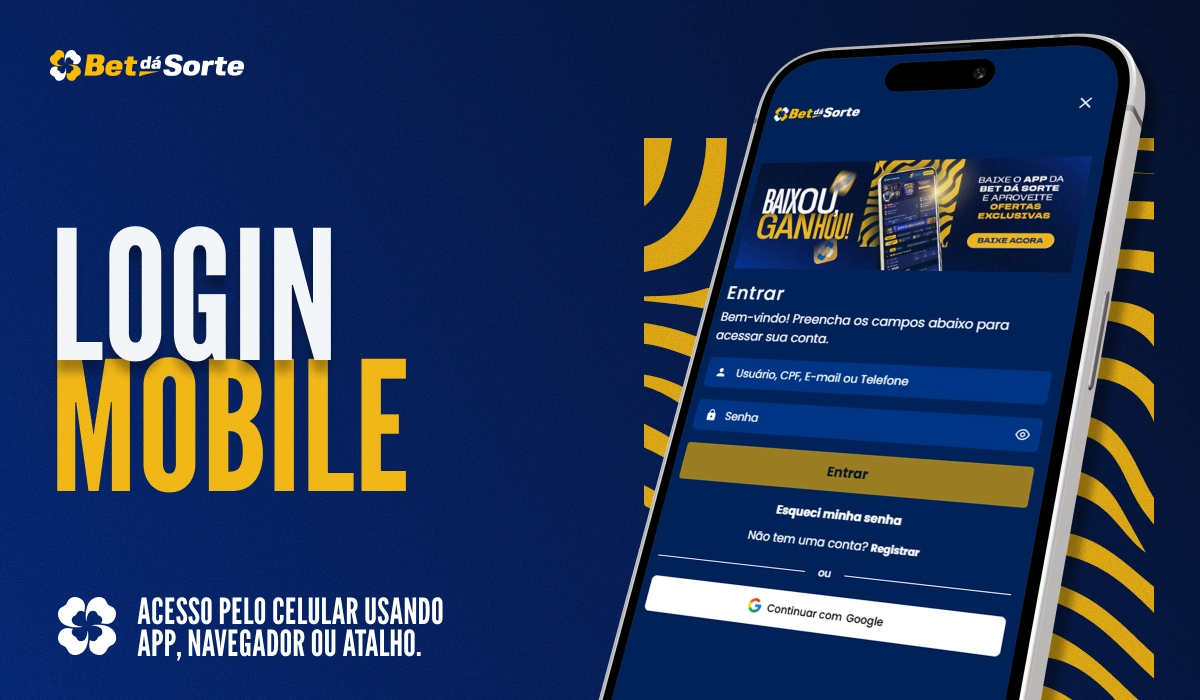Banner Login Mobile com smartphone exibindo tela de login BetDaSorte, fundo azul com gráficos amarelos