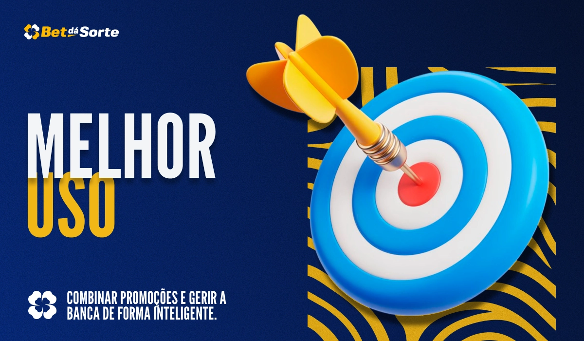 Banner Melhor Uso com alvo azul e branco e dardo amarelo no centro, fundo azul com elementos gráficos