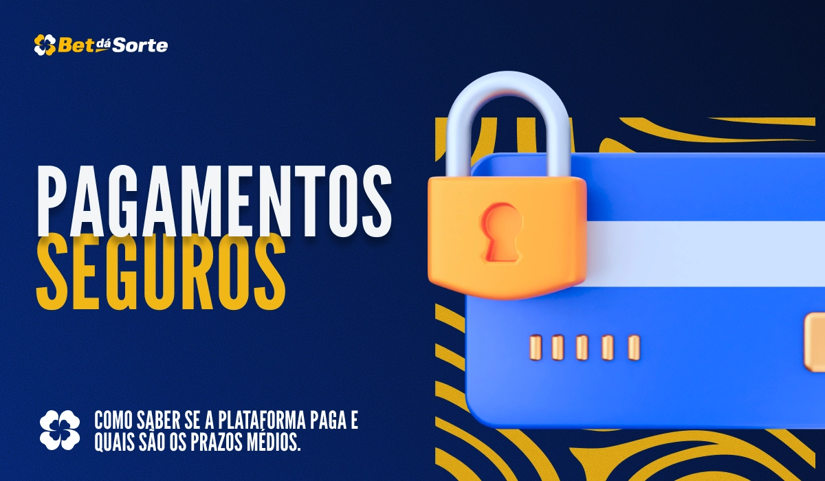Banner Pagamentos Seguros com cartão azul e cadeado amarelo, fundo azul escuro com linhas gráficas
