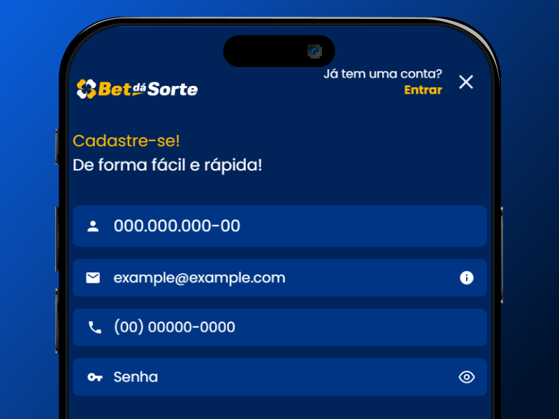 Formulário de cadastro no aplicativo BetDaSorte