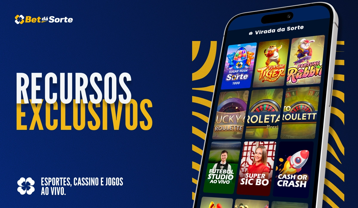Banner Recursos Exclusivos com smartphone exibindo jogos de apostas, fundo azul escuro e detalhes amarelos