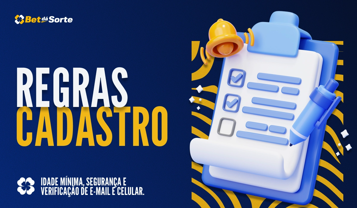 Banner Regras Cadastro com prancheta 3D, checklist e sino amarelo, fundo azul com padrões gráficos