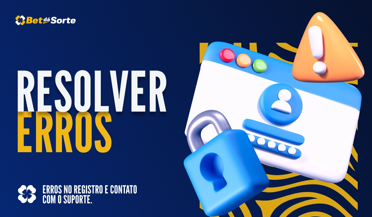 Banner Resolver Erros com ícone de usuário em cartão e símbolo de alerta, fundo azul gráfico