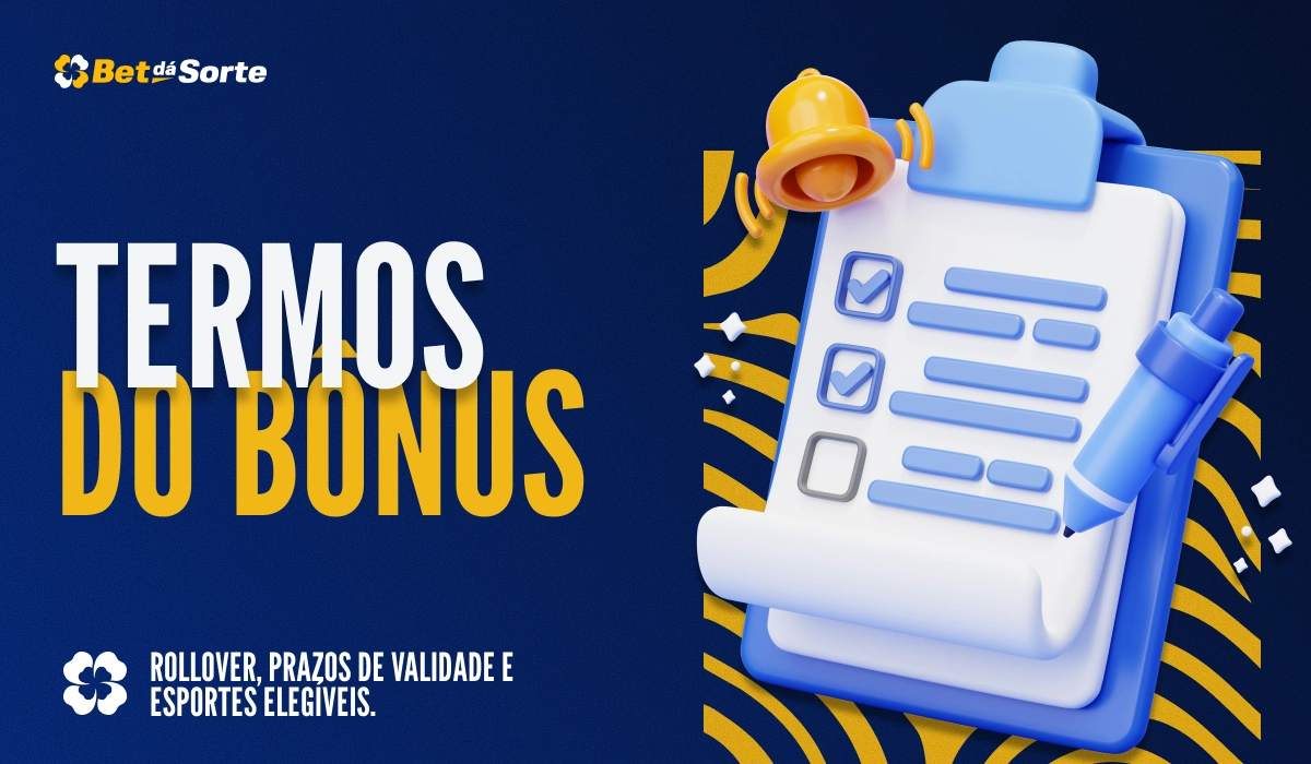 Banner Termos do Bônus com prancheta e checklist em estilo 3D, fundo azul escuro e gráficos amarelos