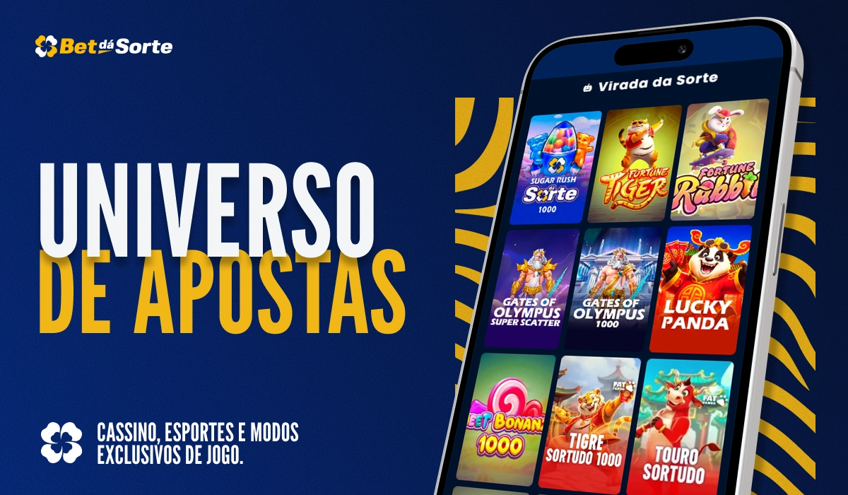 Banner Universo de Apostas com smartphone mostrando jogos de cassino, fundo azul escuro e detalhes gráficos amarelos