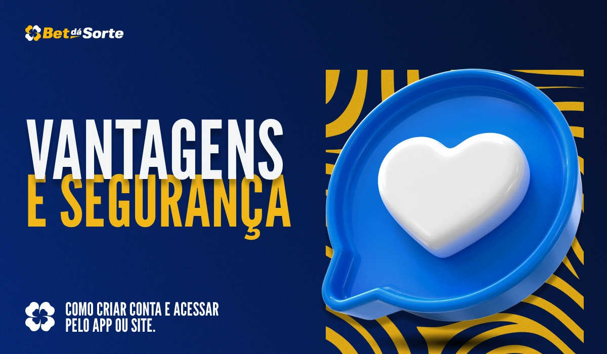 Banner Vantagens e Segurança com ícone de coração em balão azul, fundo azul e padrões gráficos amarelos