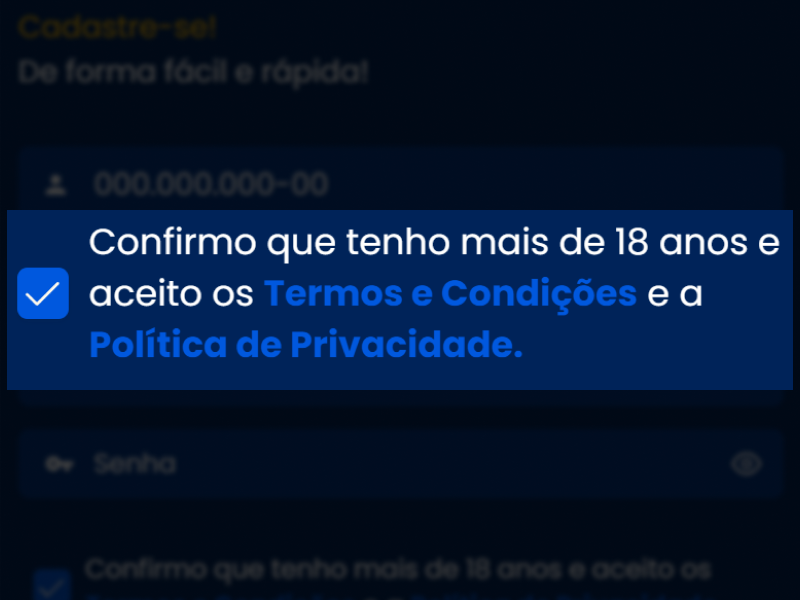 Confirmação de maioridade e aceitação dos termos no BetDaSorte