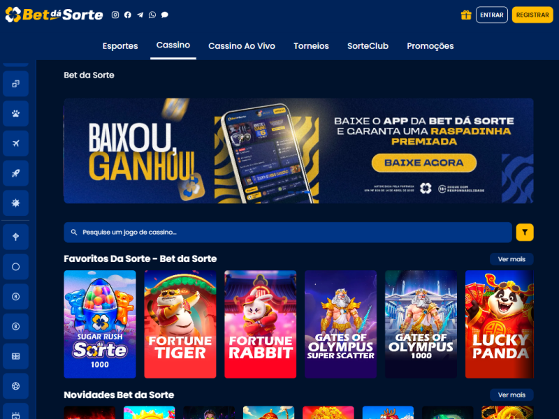 Página inicial do BetDaSorte com jogos e promoções