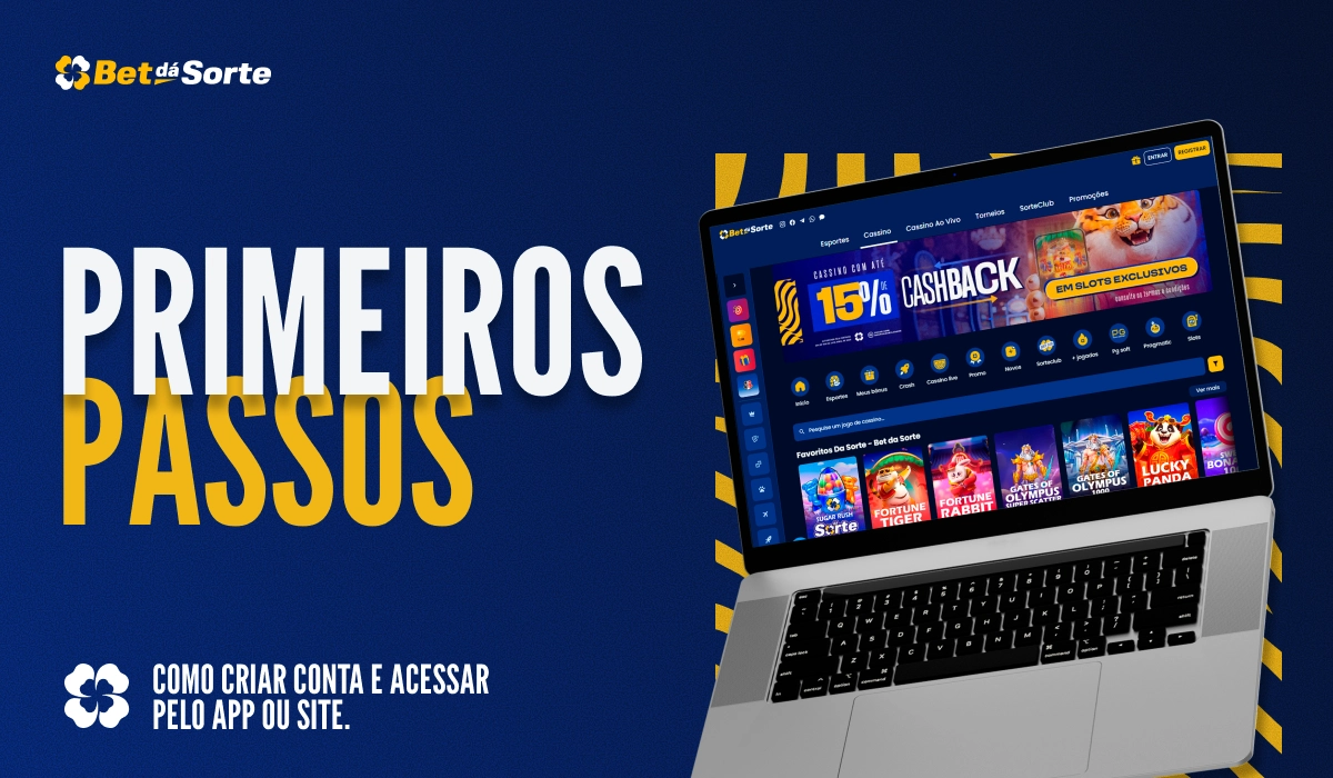 Banner BetDaSorte com texto Primeiros Passos, notebook exibindo site de apostas em fundo azul com elementos amarelos