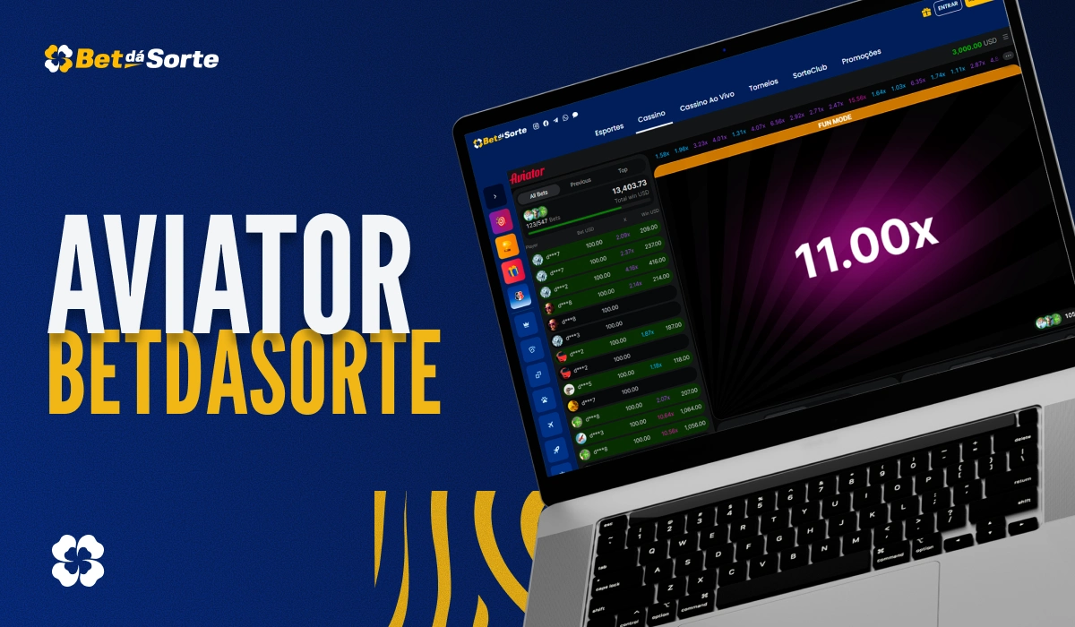 Banner Aviator BetDaSorte com laptop exibindo jogo Aviator e multiplicador 11.00x na tela