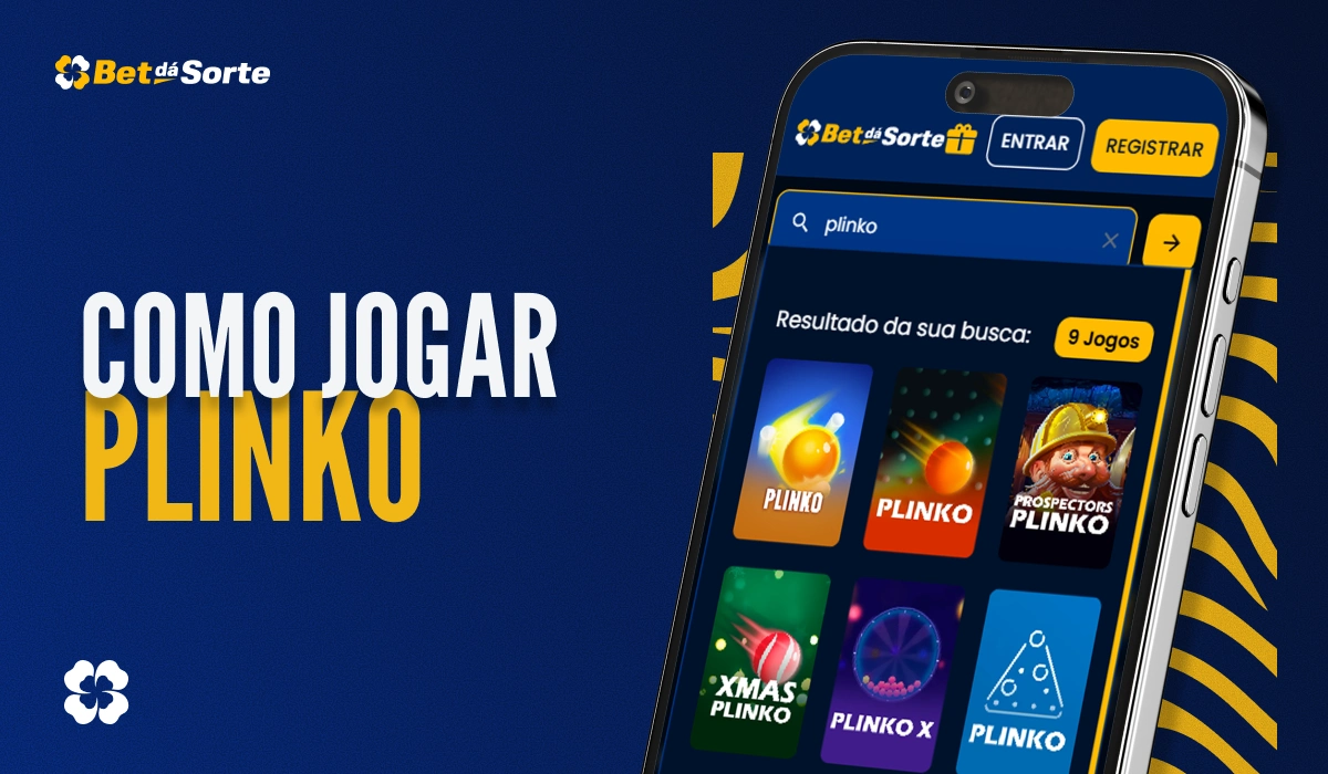 Banner Como Jogar Plinko com smartphone mostrando app BetDaSorte e ícones de jogos na tela