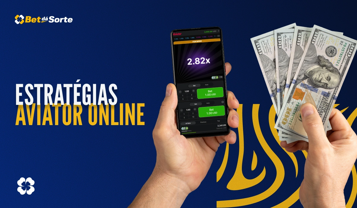 Banner Estratégias Aviator Online com mão segurando celular e notas de dinheiro ao lado
