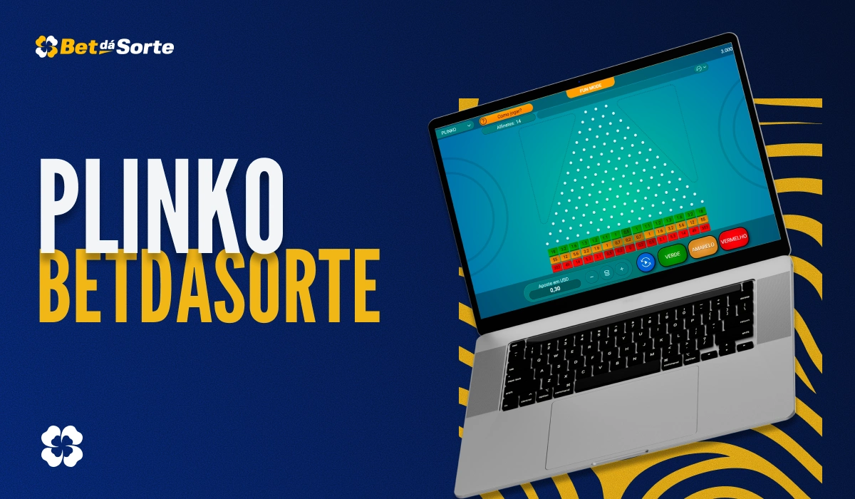 Banner Plinko BetDaSorte com laptop exibindo jogo Plinko na tela e texto PLINKO BETDASORTE em fundo azul
