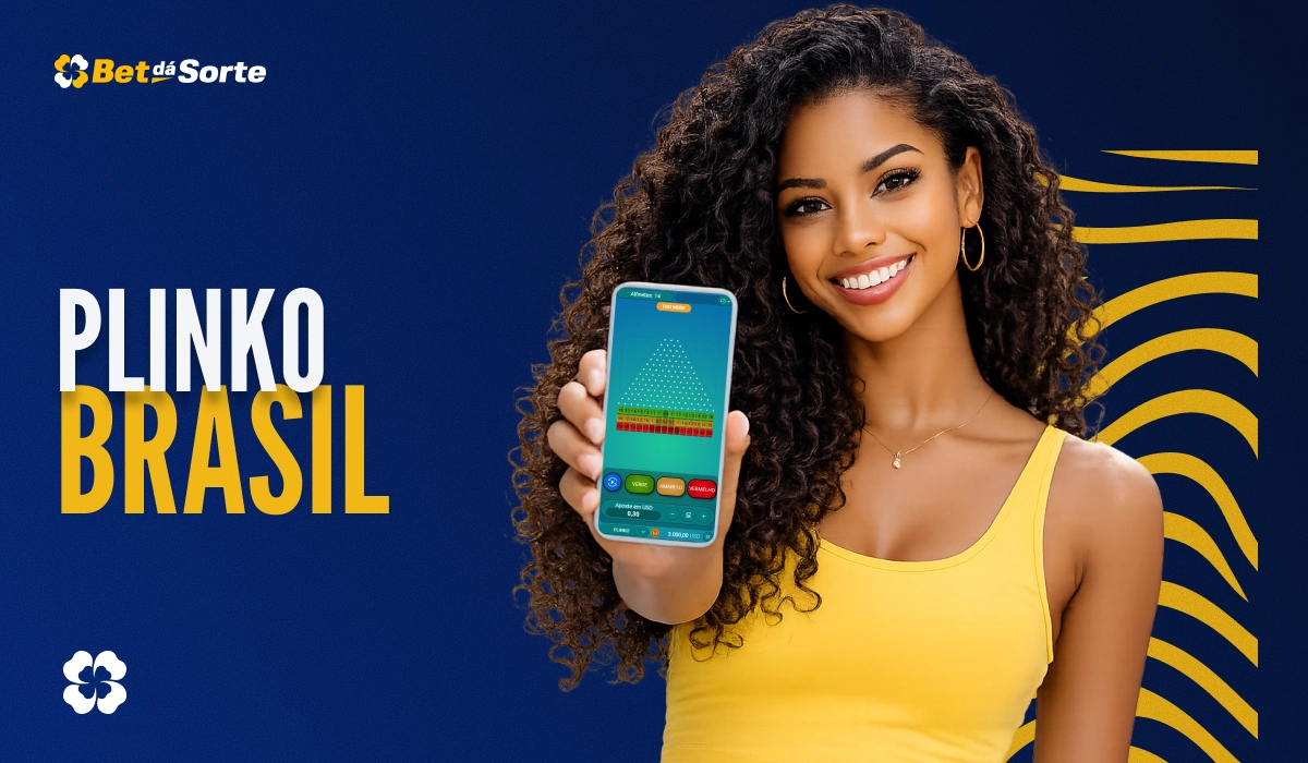 Banner Plinko Brasil com mulher segurando smartphone com jogo Plinko e texto PLINKO BRASIL