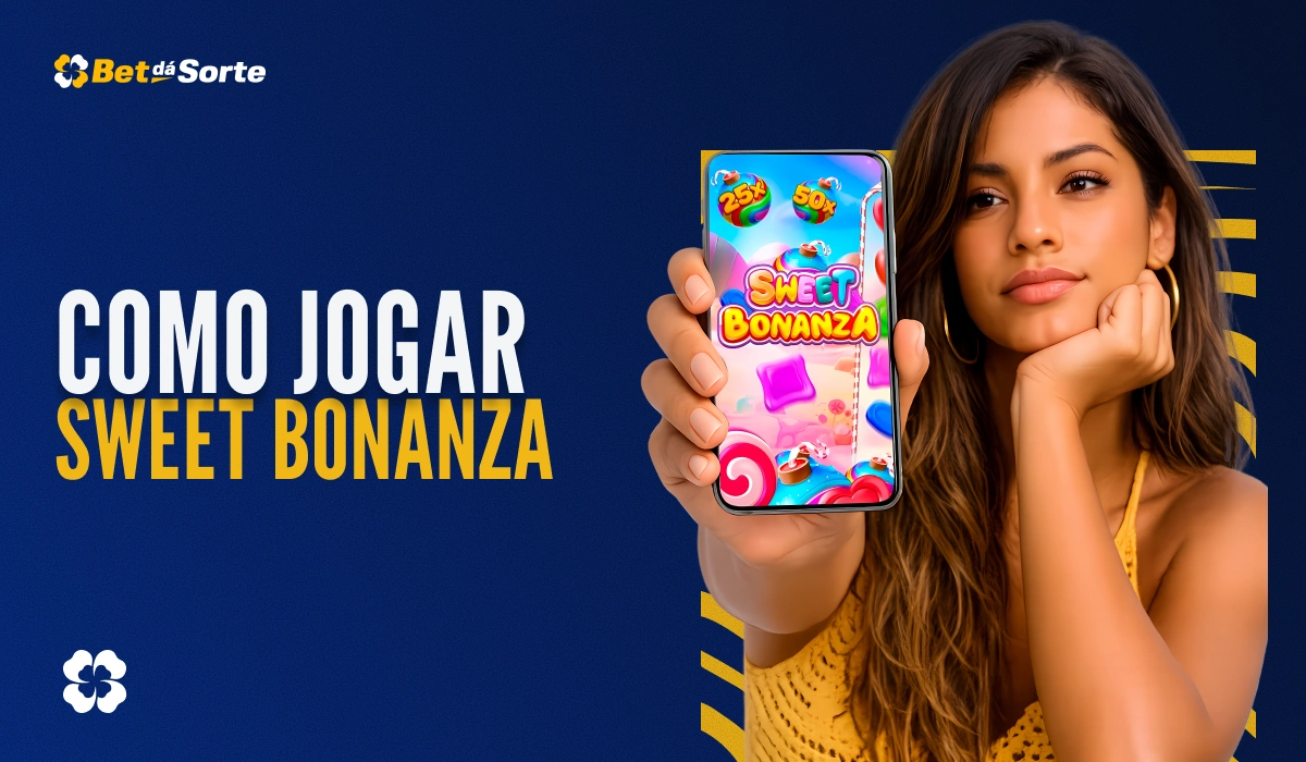 Banner Como Jogar Sweet Bonanza com mulher segurando celular com jogo e texto COMO JOGAR SWEET BONANZA