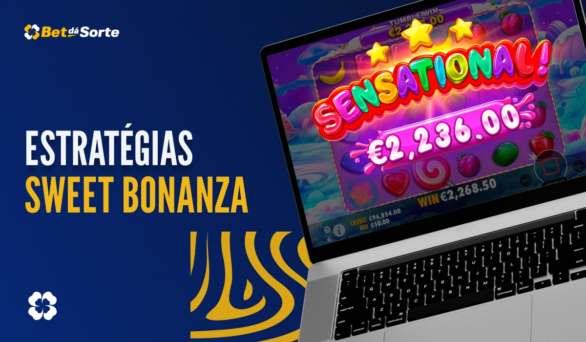Banner Estratégias Sweet Bonanza com laptop mostrando tela de vitória e texto ESTRATÉGIAS SWEET BONANZA
