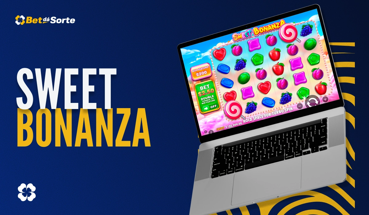 Banner Sweet Bonanza BetDaSorte com laptop exibindo jogo Sweet Bonanza e texto SWEET BONANZA