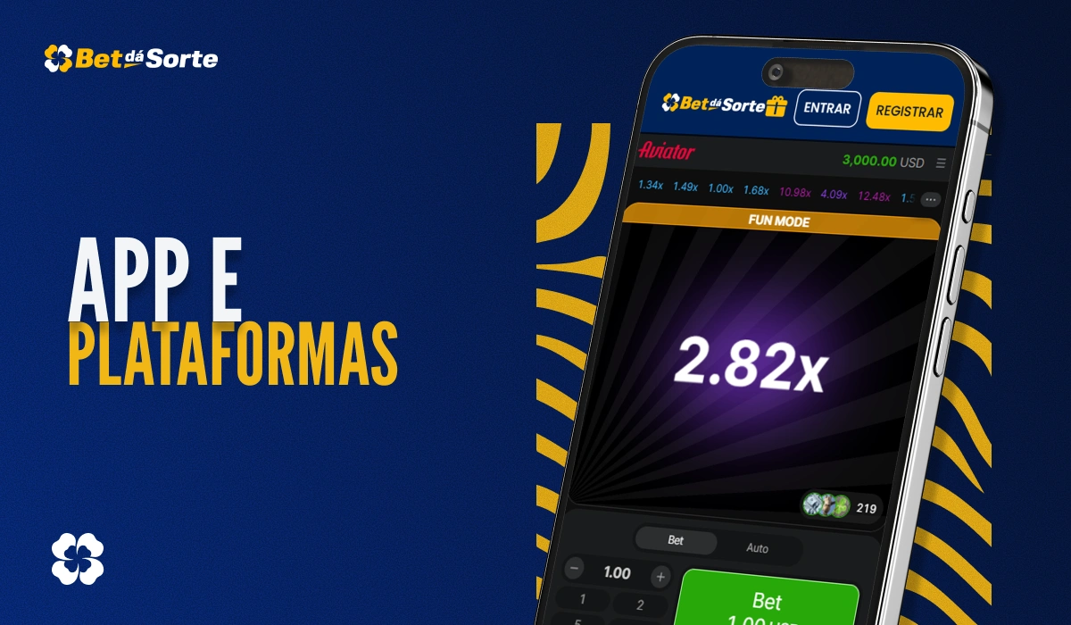 Banner App e Plataformas com smartphone exibindo jogo Aviator e texto APP E PLATAFORMAS